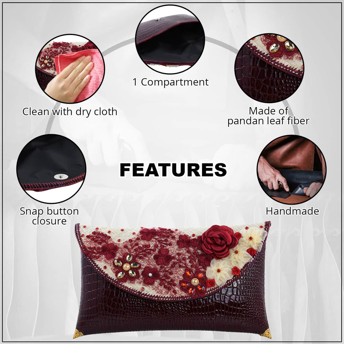 Handmade Red Eco Friendly Croco Embossed Pandan Woven Clutch (11.02"x1.97"x7.78") image number 1