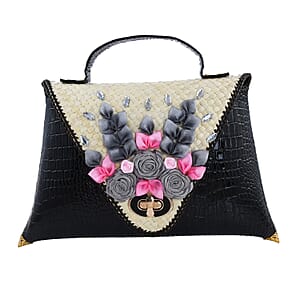 Handmade Black Eco Friendly Croco Embossed Pandan Woven Clutch Bag for Women | Women's Designer Clutch | Ladies Clutch Purse