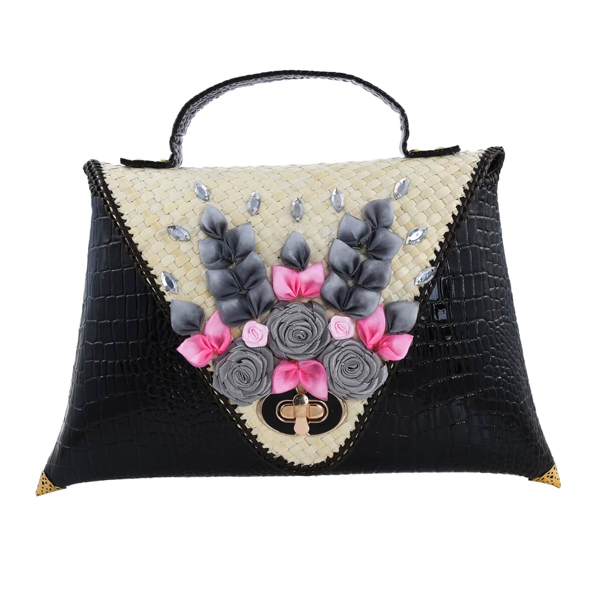 Handmade Black Eco Friendly Croco Embossed Pandan Woven Clutch Bag for Women | Women's Designer Clutch | Ladies Clutch Purse image number 0