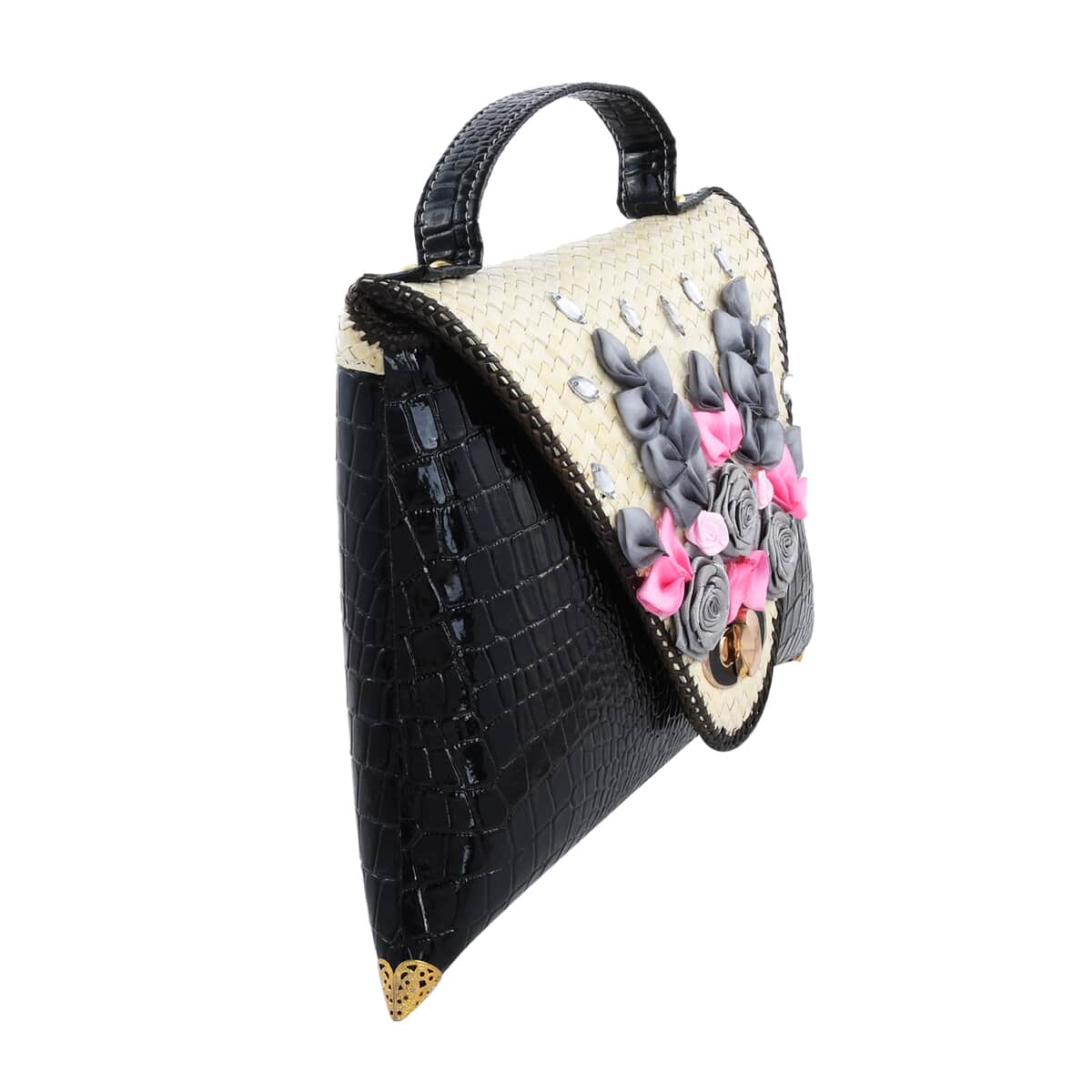 Handmade Black Eco Friendly Croco Embossed Pandan Woven Clutch Bag for Women | Women's Designer Clutch | Ladies Clutch Purse image number 5