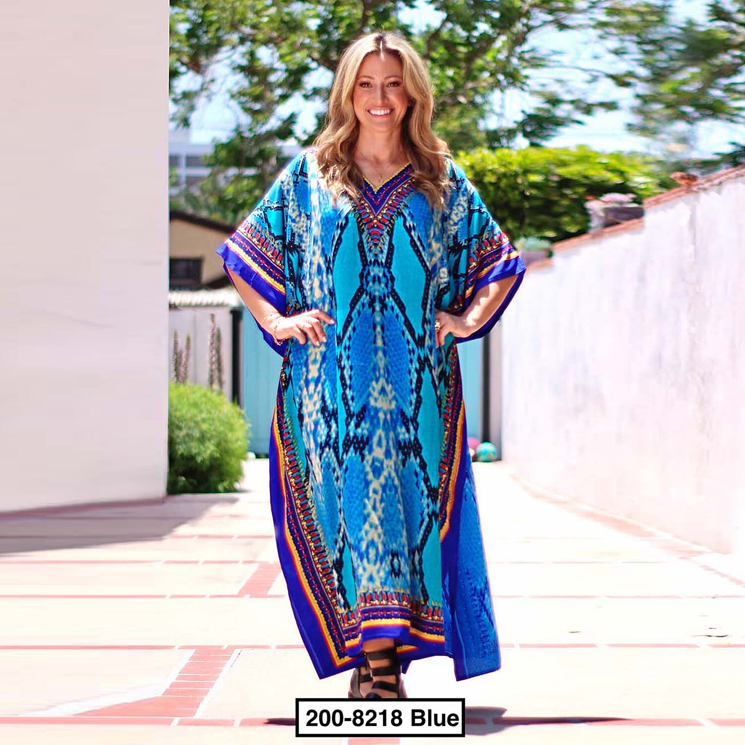 Winlar Blue Snakeskin Print V-Neck Long Microfiber Kaftan (One Size Fits Most)