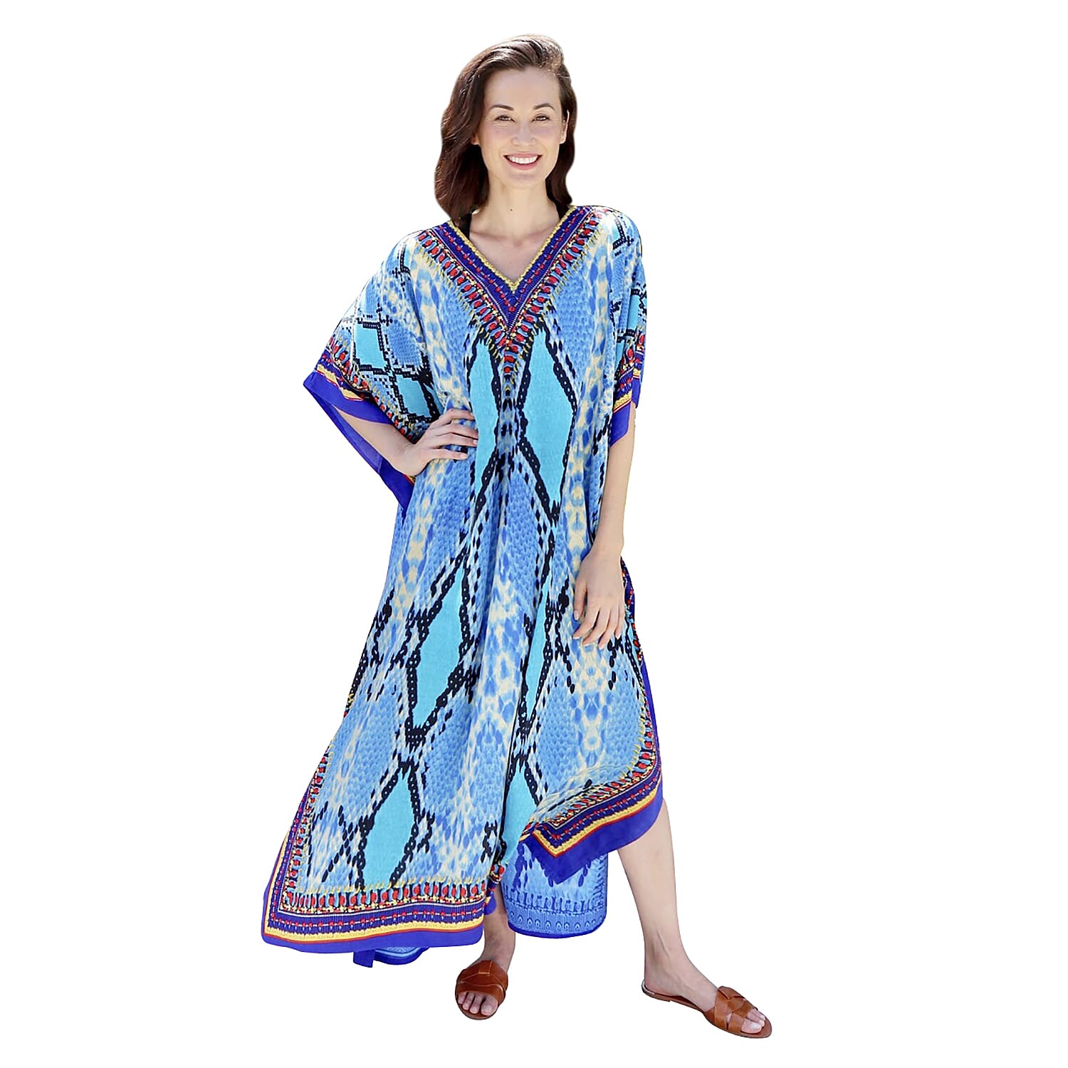Winlar Blue Snakeskin Print V-Neck Long Microfiber Kaftan (One Size Fits Most)