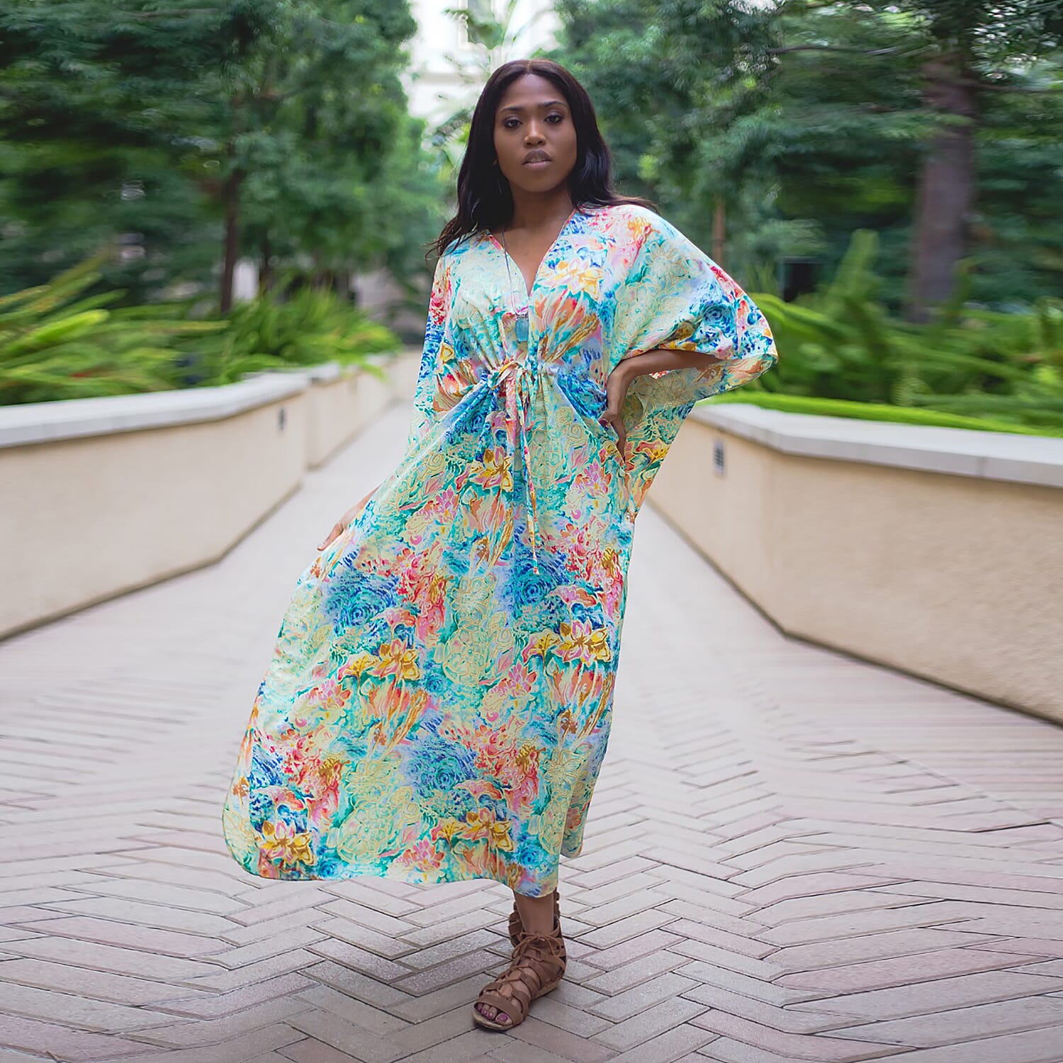 Winlar Multicolor Floral Print V-Neck Long Microfiber Kaftan (One Size Fits Most)