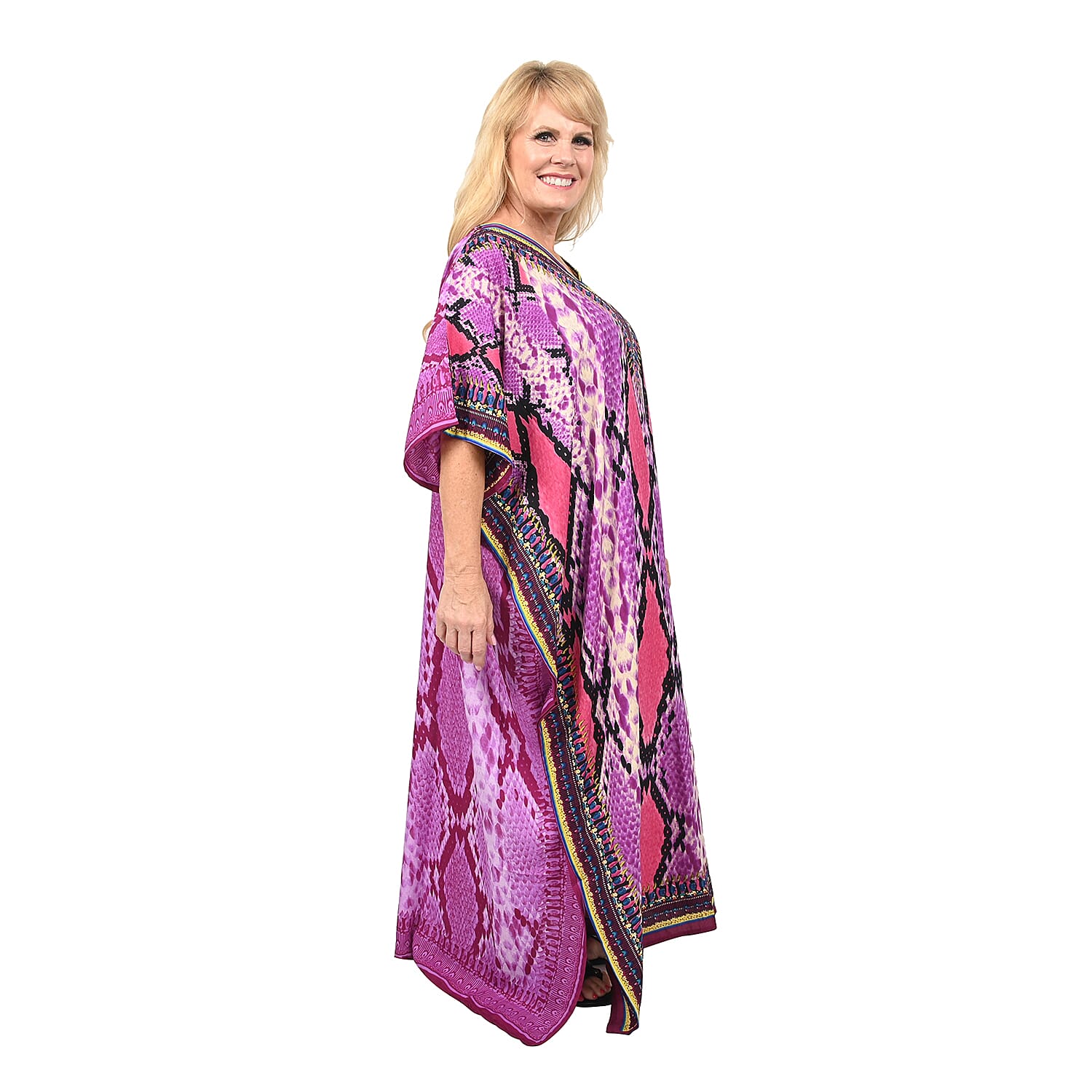 Winlar Purple Snakeskin Animal Print Round Neck Long Polyester Kaftan (One Size Fits Most)