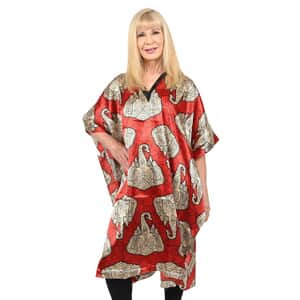 WINLAR Red Elephant Print V-Neck Short Satin Kaftan (One Size Fits Most)