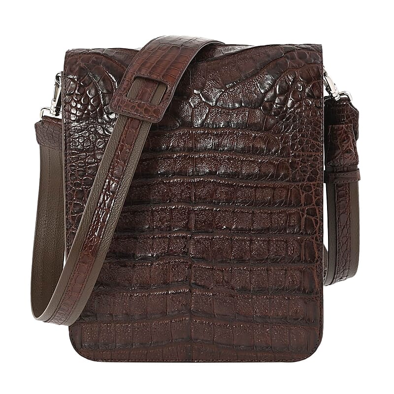 RIVER Brand Closeout, Organic Caiman Crocodile Kango Brown Messenger Bag