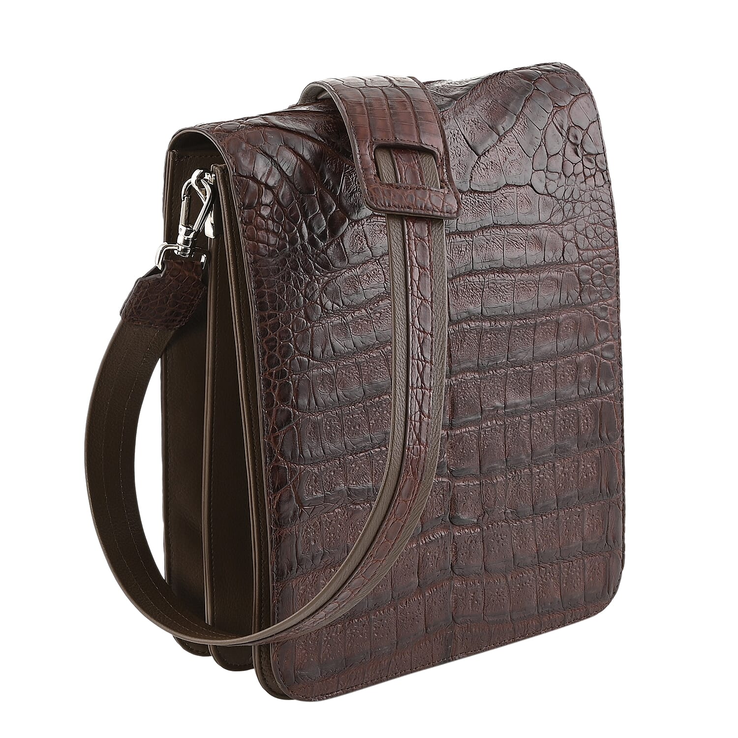 RIVER Brand Closeout, Organic Caiman Crocodile Kango Brown Messenger Bag