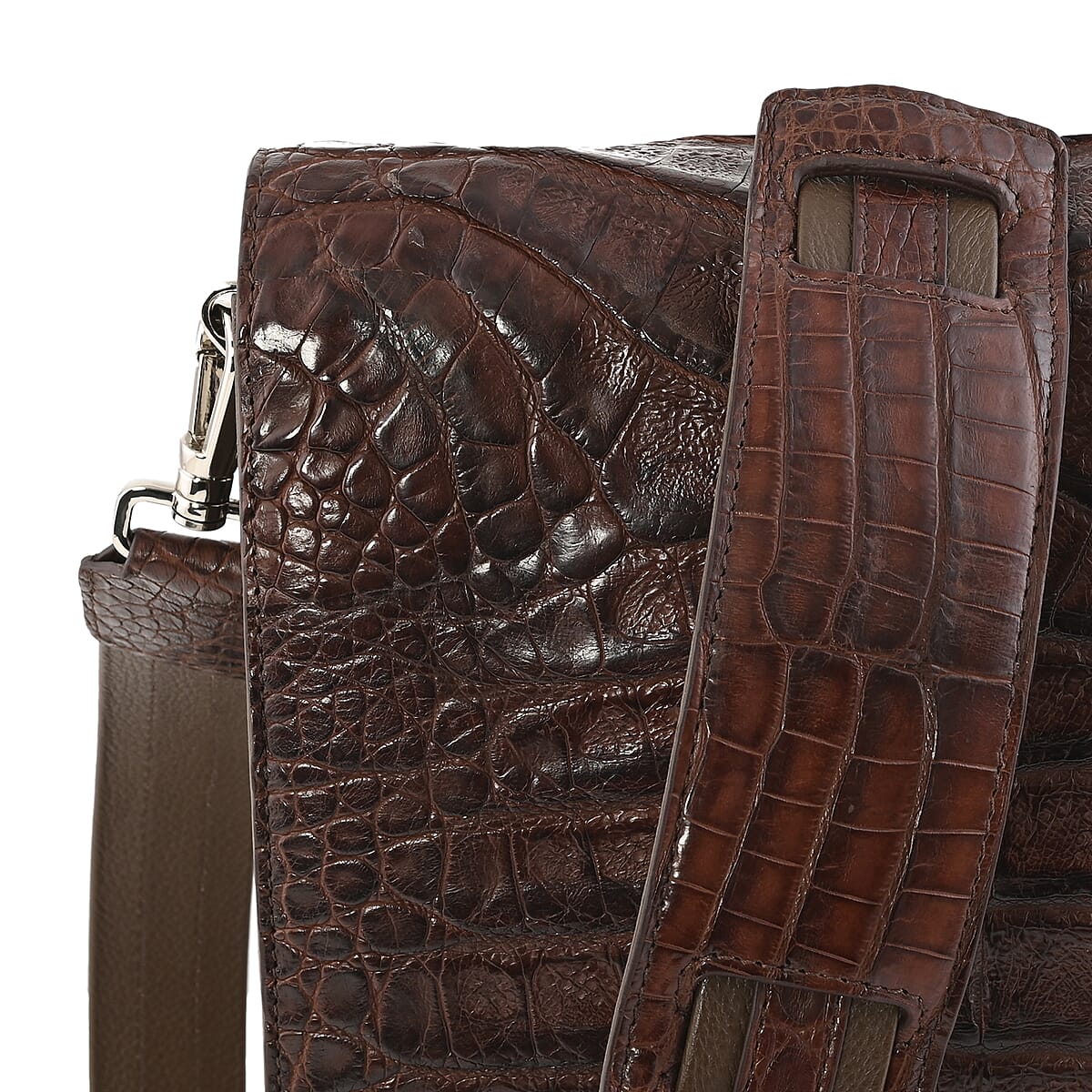 RIVER Brand Closeout, Organic Caiman Crocodile Kango Brown Messenger Bag image number 6