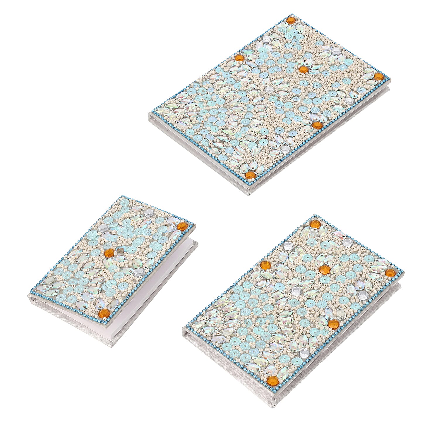 Set of 3 Cream & light Blue Bedazzled Diary
