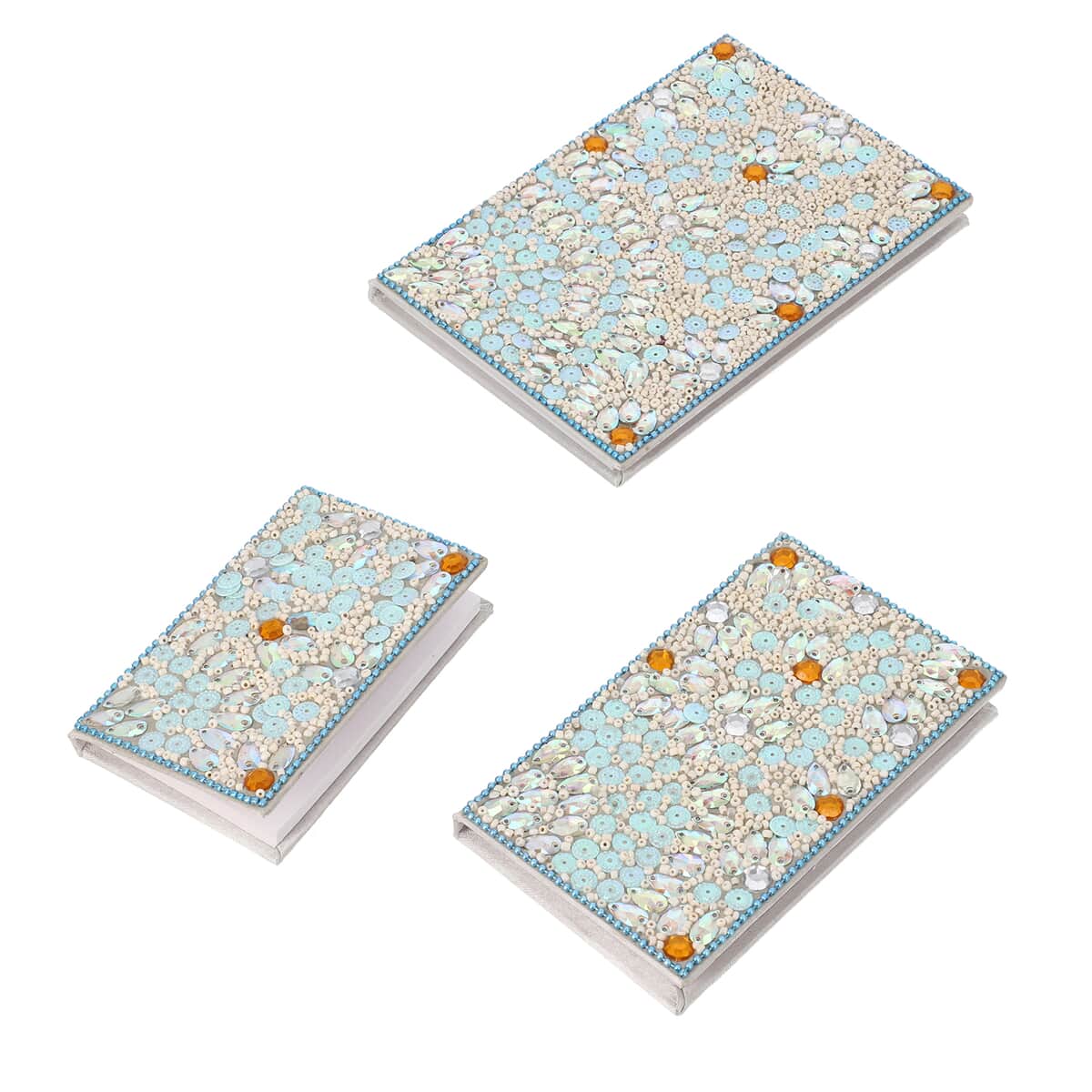 Set of 3 Cream & Blue Bedazzled Diary (7x5, 6x4, 3x5 in) image number 0