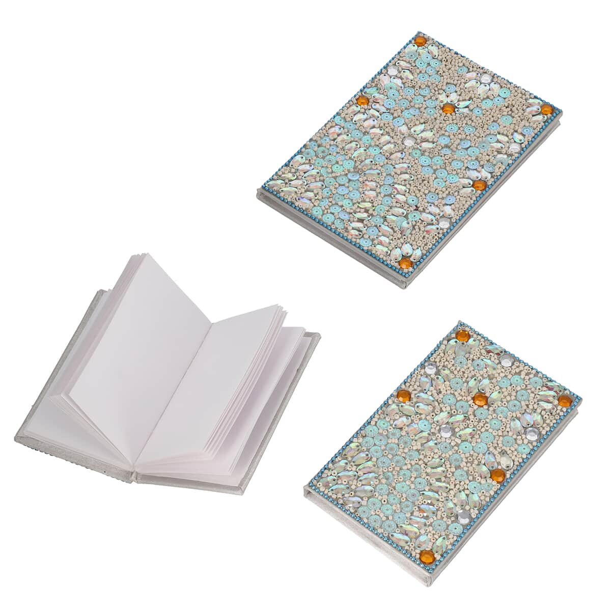 Set of 3 Cream & Blue Bedazzled Diary (7x5, 6x4, 3x5 in) image number 1