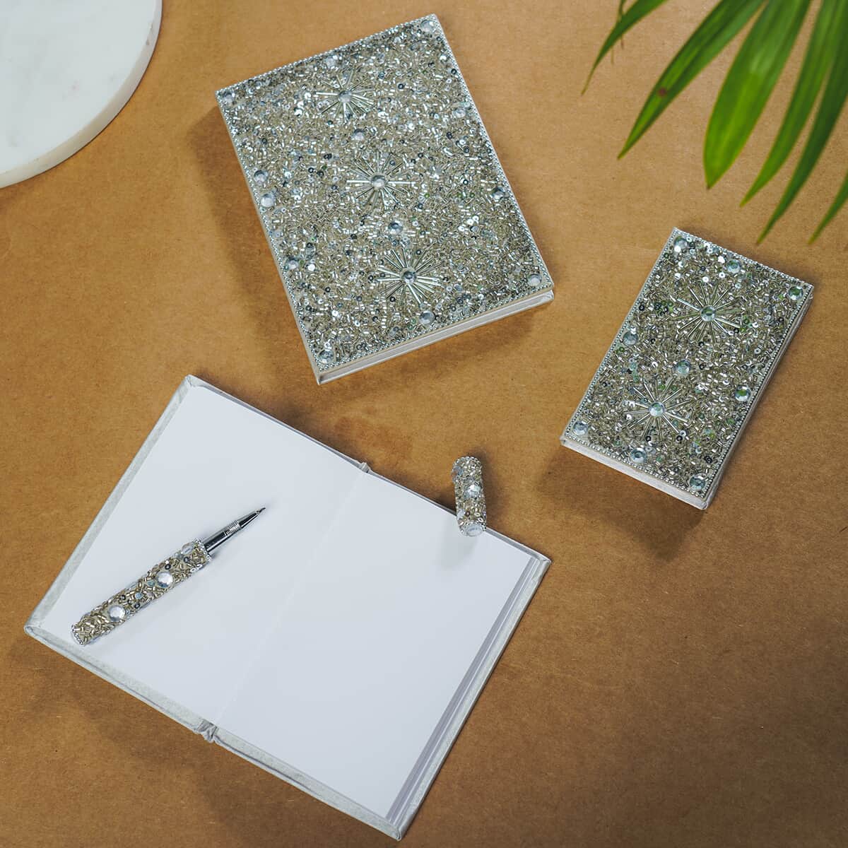 Set of 3 Silver Bedazzled Diary with Matching Pen image number 1