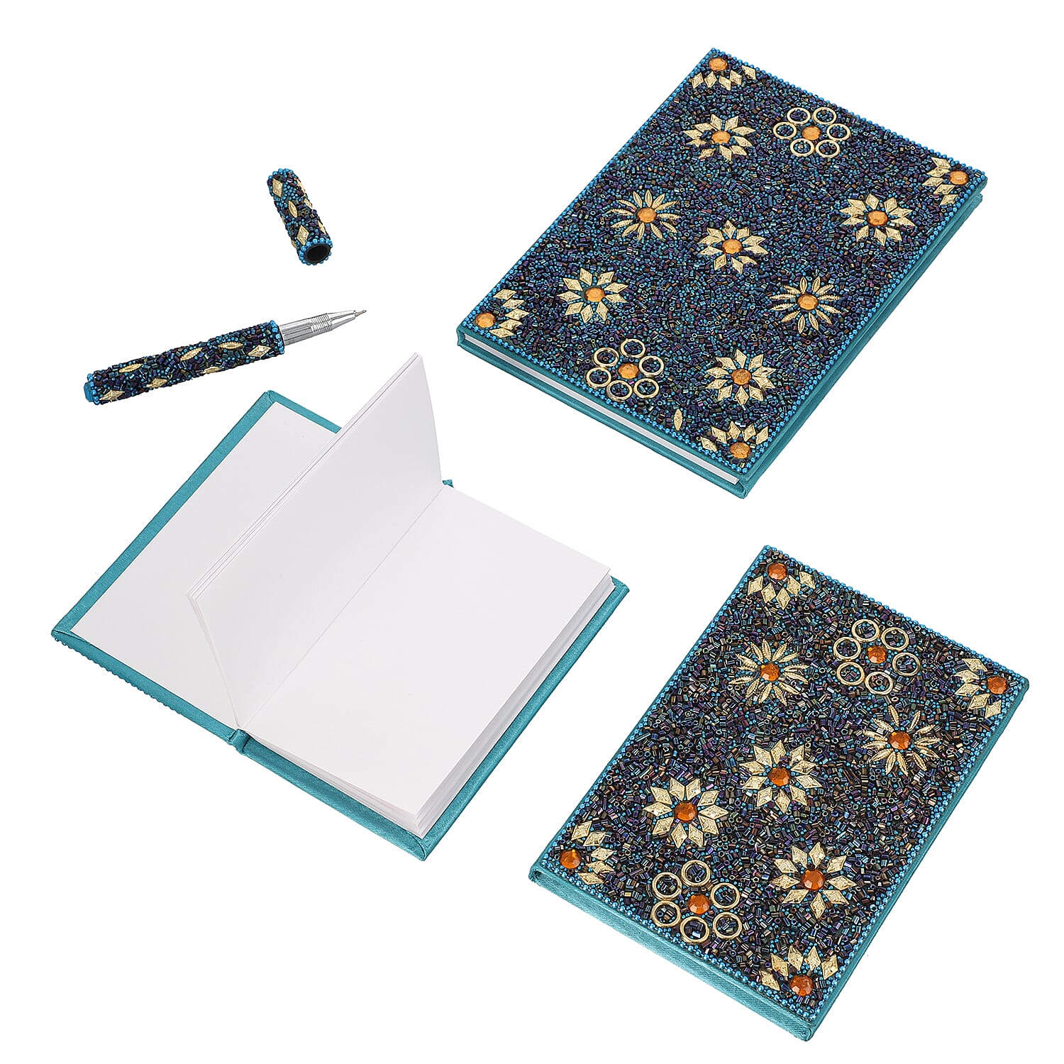 Set of 3 Turquoise Color Bedazzled Diary with Matching Pen
