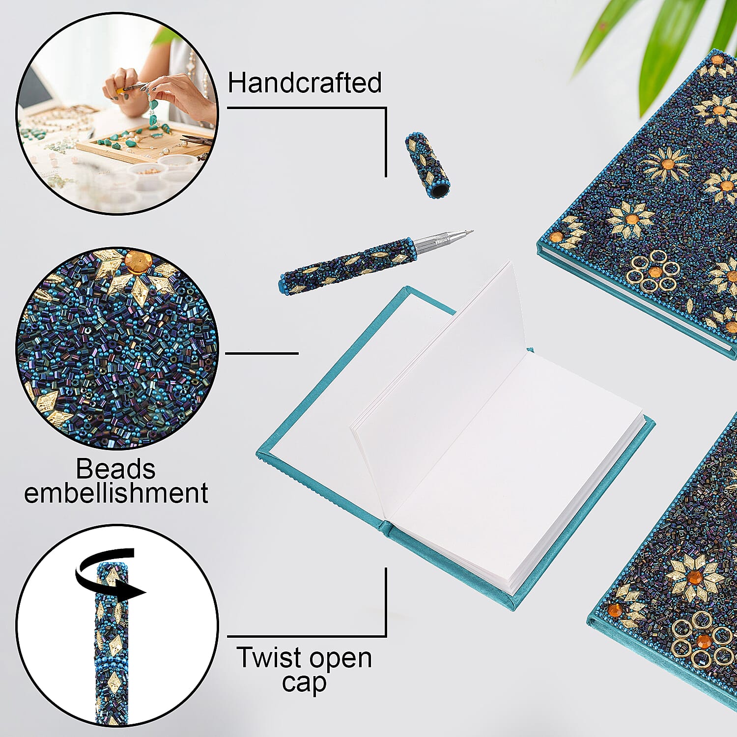 Set of 3 Turquoise Color Bedazzled Diary with Matching Pen