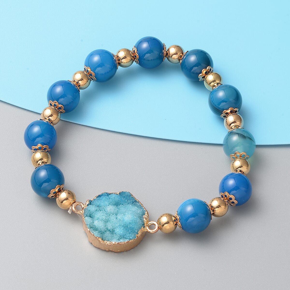 Blue Drusy Quartz and Blue Agate Bracelet in Goldtone (6.50 In) 86.50 ctw image number 1
