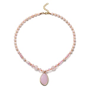 Galilea Rose Quartz, Simulated Diamond Beaded Necklace 18-20 Inches in Goldtone 55.00 ctw