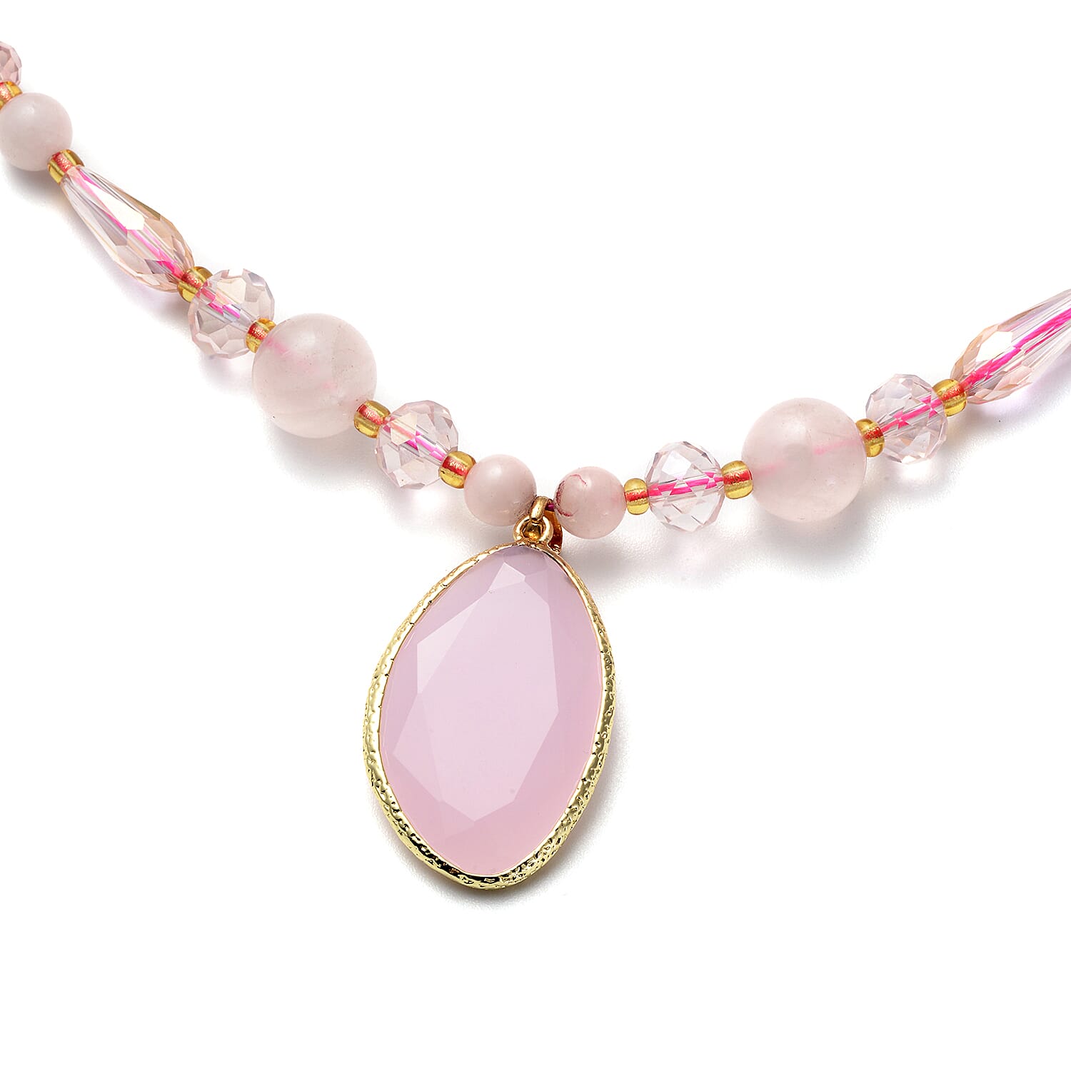 Galilea Rose Quartz, Simulated Diamond Beaded Necklace 18-20 Inches in Goldtone 55.00 ctw