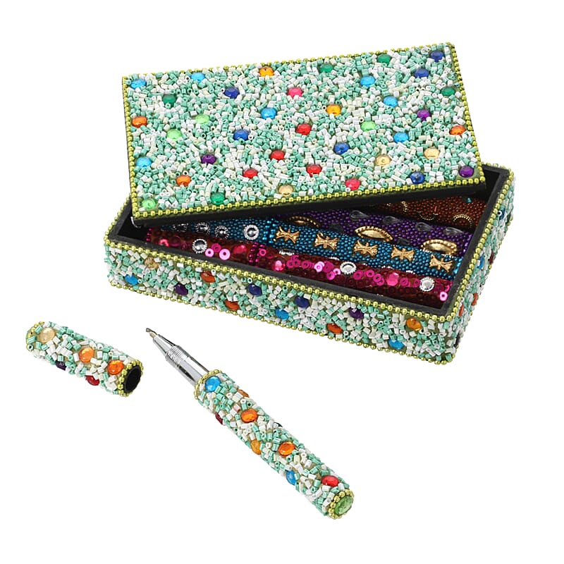 Set of 5 Green Beaded Pens with Matching Storage Box