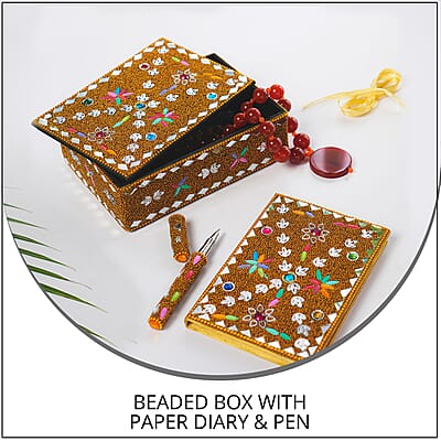 Closeout Golden Beaded Box with Paper Diary & Pen