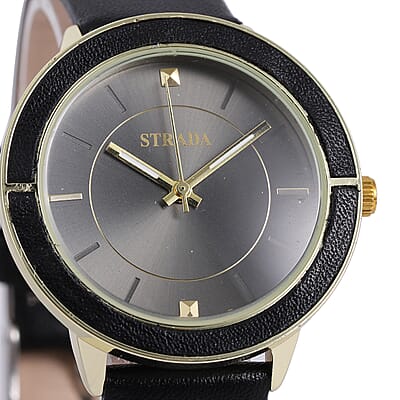 Strada Japanese Movement Water Resistant Watch with Black Faux Leather Band