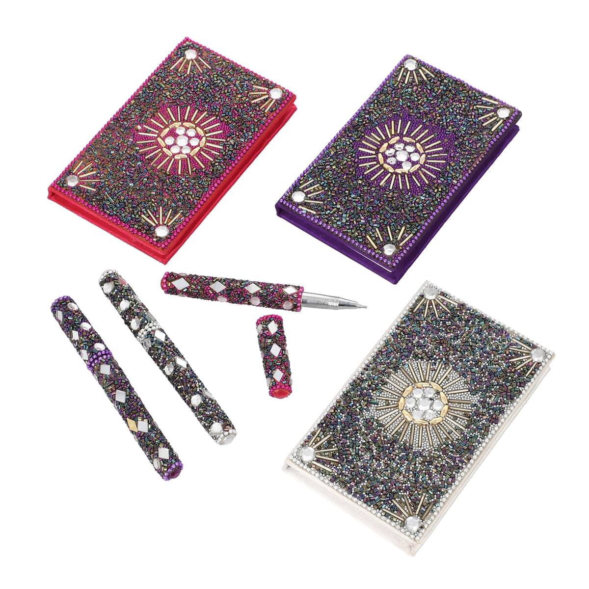 Set of 3 Simulated, Red, Blue and Silver Bedazzled Journals (5x3 in) and Matching Pen image number 0