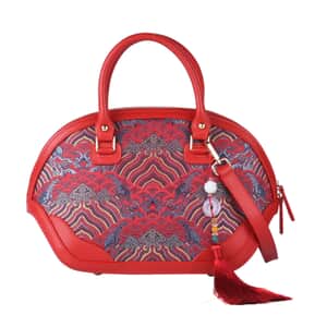 Red River Cliff Seawater Pattern Brocade Mulberry Silk with Genuine Leather Tote Bag with Shoulder Strap