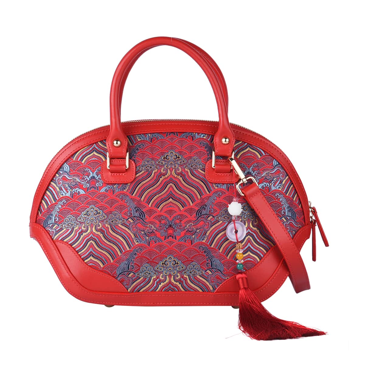 Red River Cliff Seawater Pattern Brocade Mulberry Silk with Genuine Leather Tote Bag (14"x9.06"x5.5") with Shoulder Strap image number 0