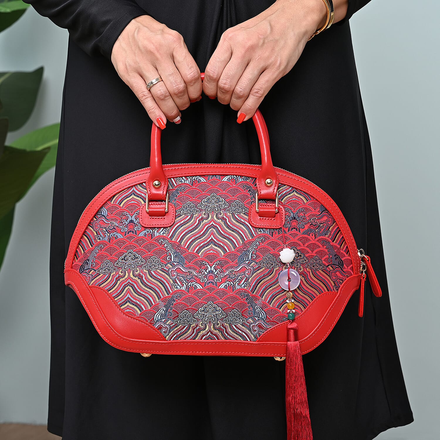 Red River Cliff Seawater Pattern Brocade Mulberry Silk with Genuine Leather Tote Bag with Shoulder Strap