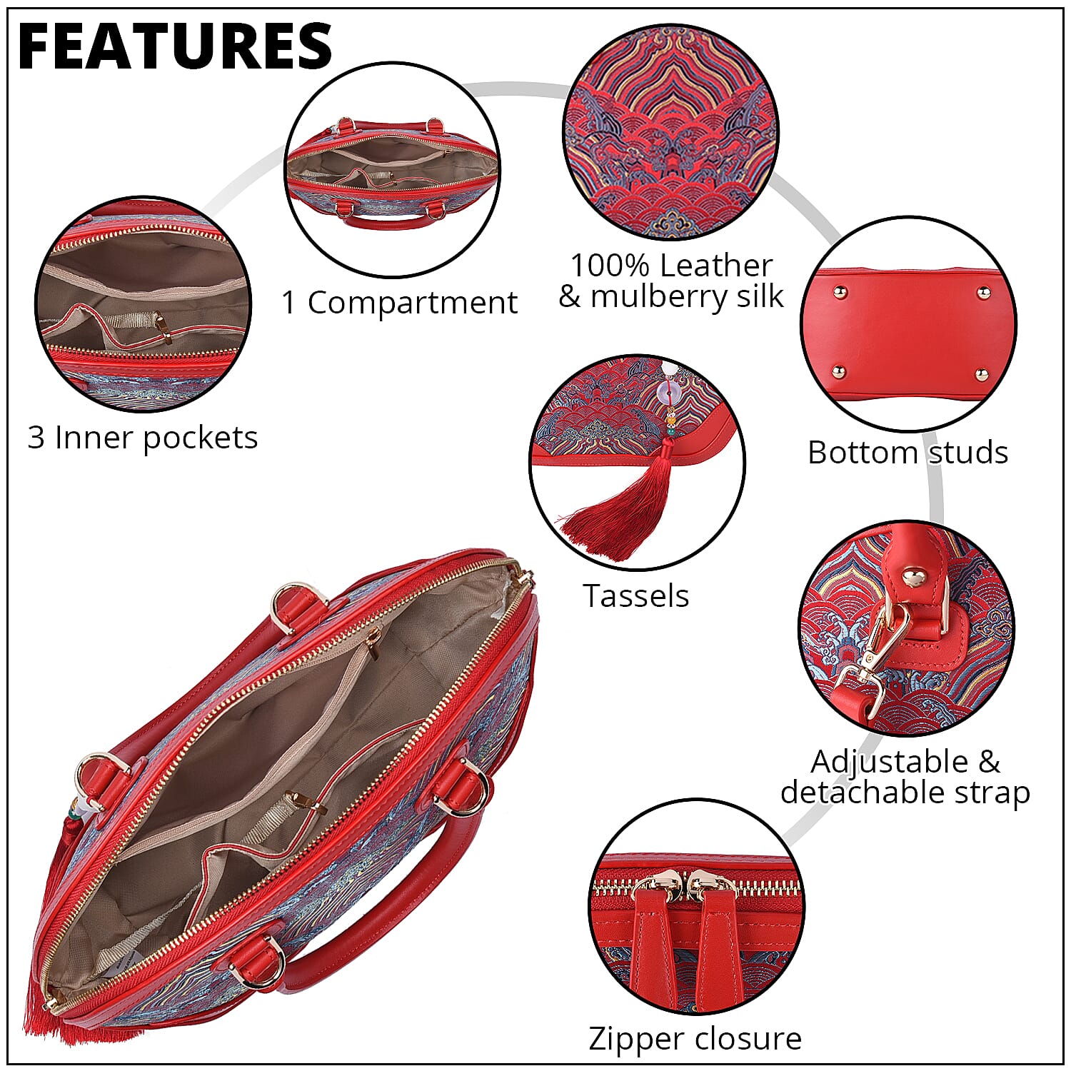 Red River Cliff Seawater Pattern Brocade Mulberry Silk with Genuine Leather Tote Bag with Shoulder Strap