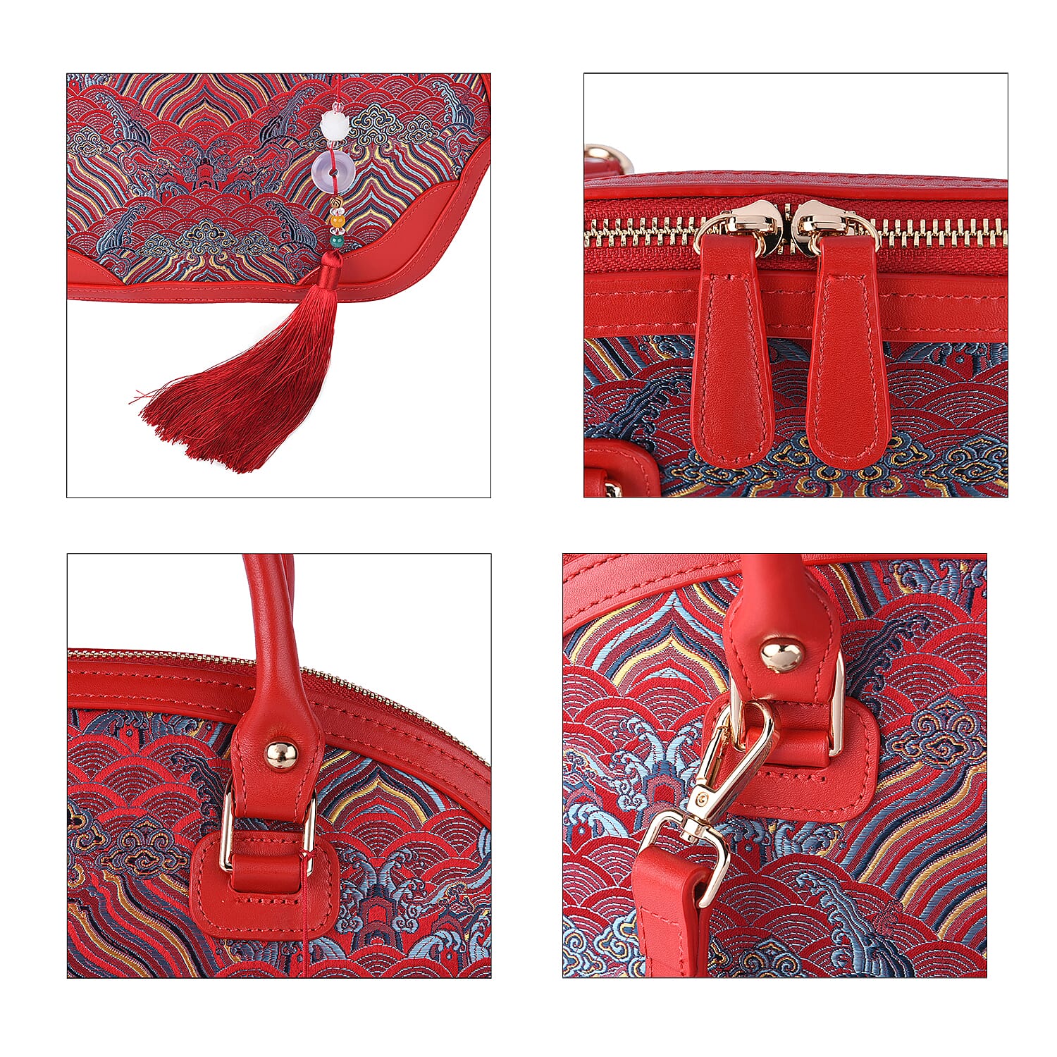 Red River Cliff Seawater Pattern Brocade Mulberry Silk with Genuine Leather Tote Bag with Shoulder Strap