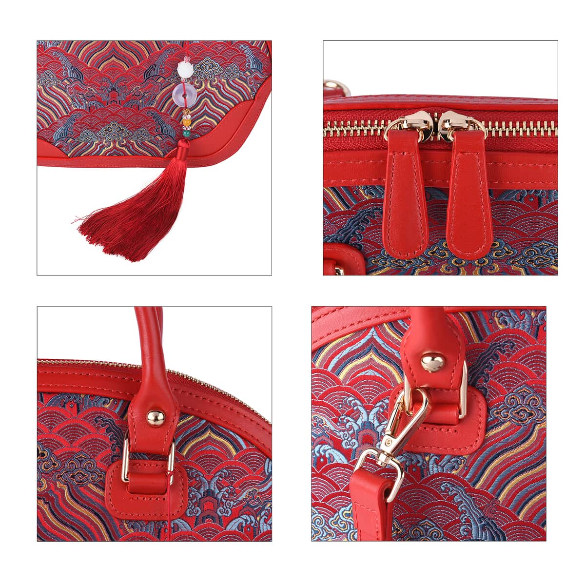 Red River Cliff Seawater Pattern Brocade Mulberry Silk with Genuine Leather Tote Bag (14"x9.06"x5.5") with Shoulder Strap image number 4