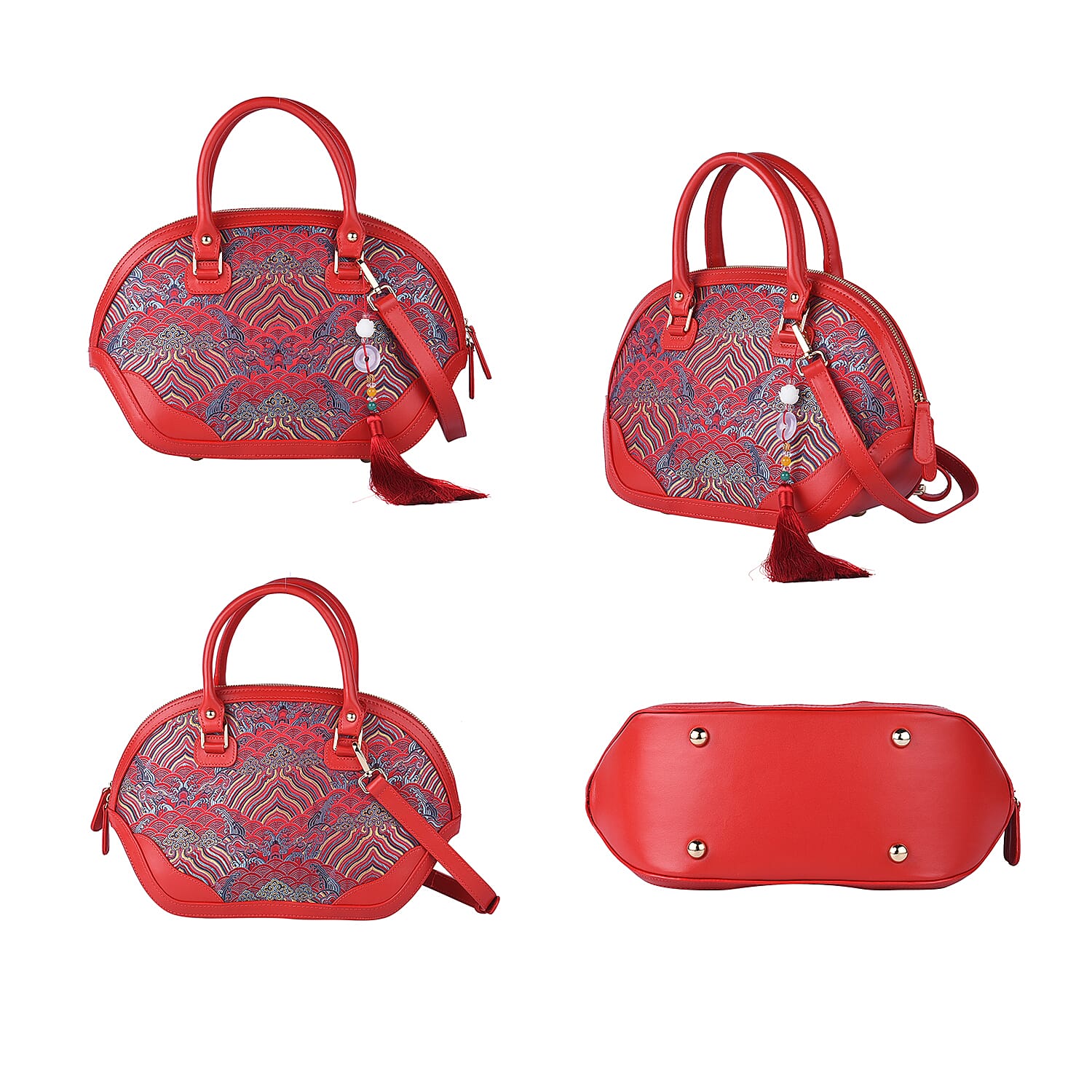Red River Cliff Seawater Pattern Brocade Mulberry Silk with Genuine Leather Tote Bag with Shoulder Strap