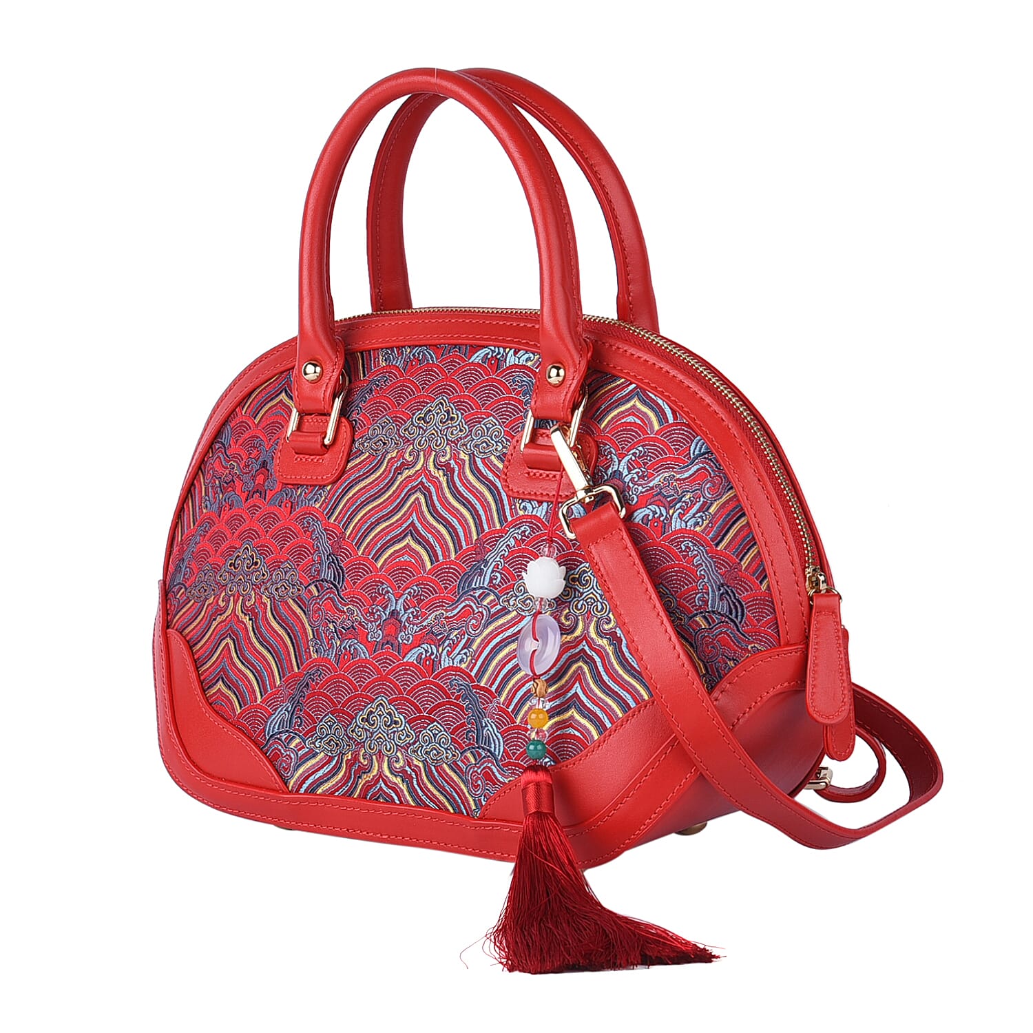 Red River Cliff Seawater Pattern Brocade Mulberry Silk with Genuine Leather Tote Bag with Shoulder Strap