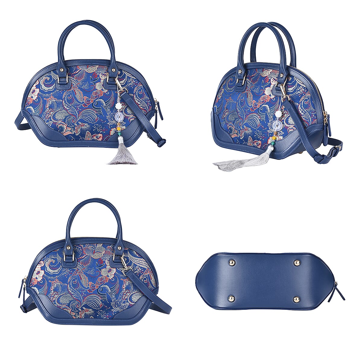 Shanghai Designer Inspired Closeout Blue Floral Brocade Mulberry Silk with Genuine Leather Tote Bag with Shoulder Strap image number 5