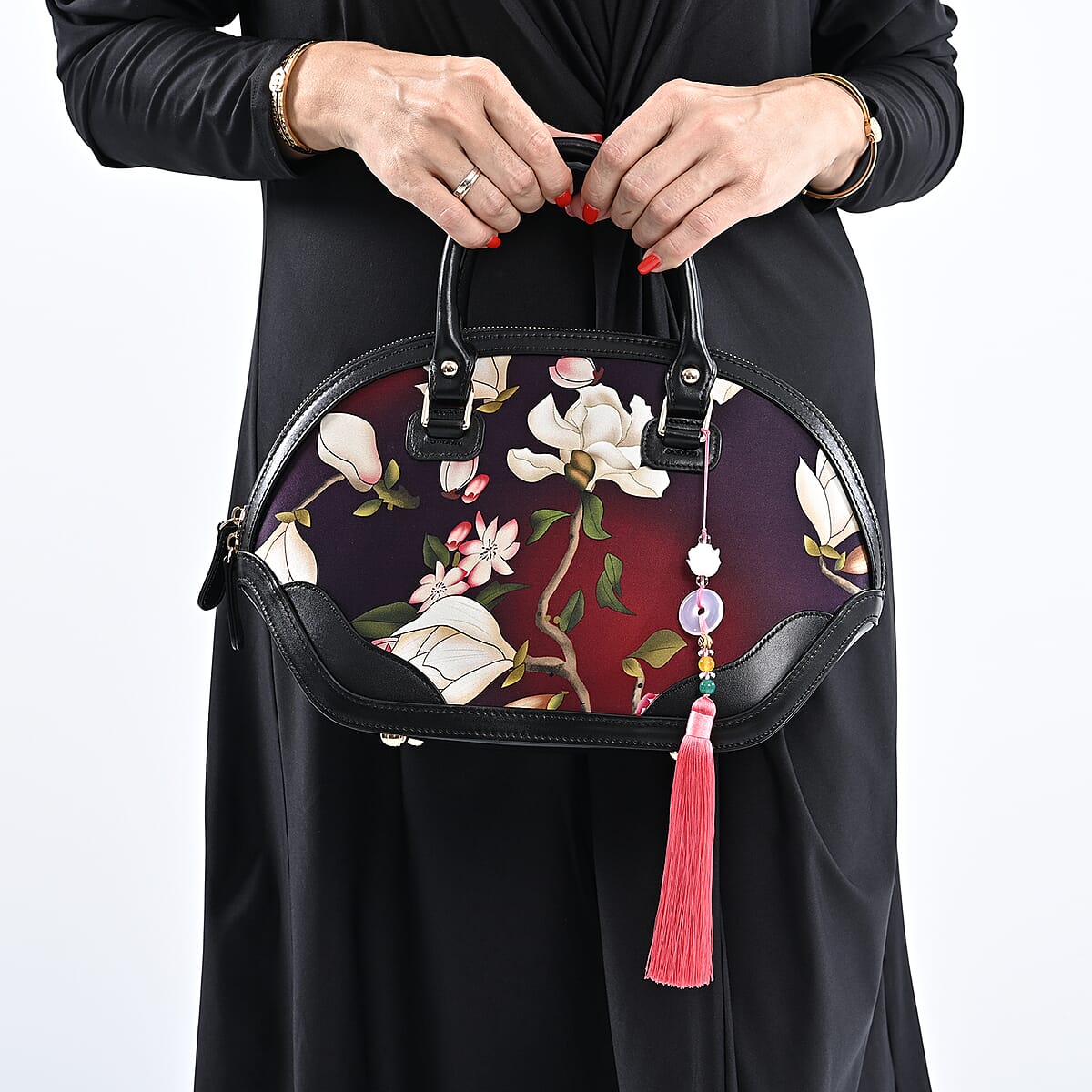 Shanghai Designer Inspired Closeout Dark Purple Flower Pattern Brocade Mulberry Silk Genuine Leather Tote Bag with Shoulder Strap image number 2