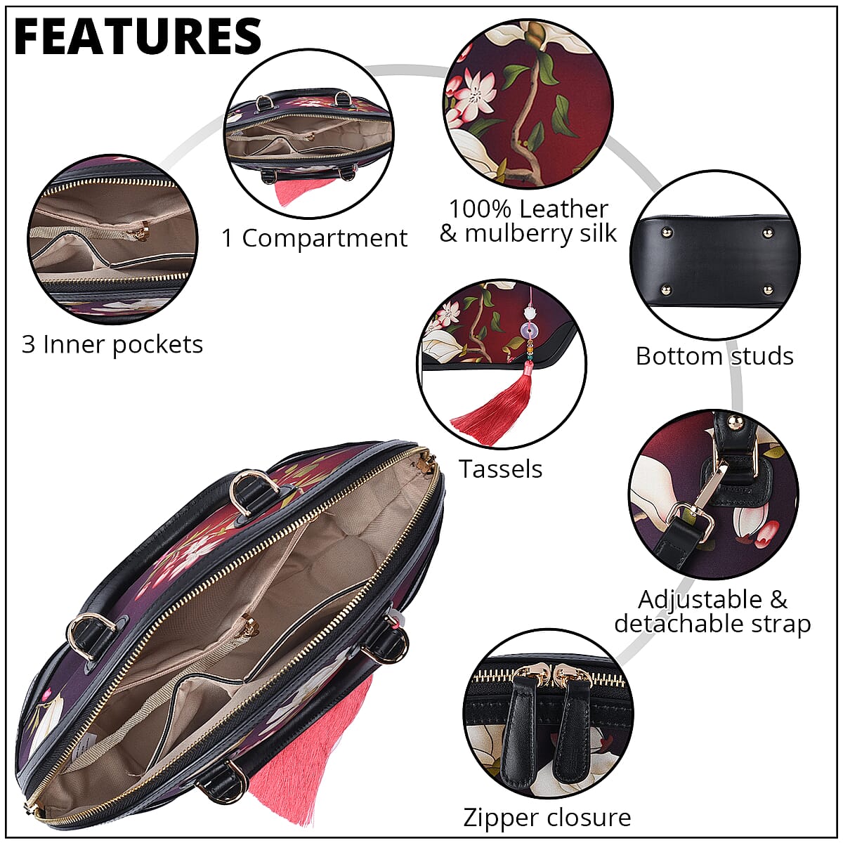 Shanghai Designer Inspired Closeout Dark Purple Flower Pattern Brocade Mulberry Silk Genuine Leather Tote Bag with Shoulder Strap image number 3