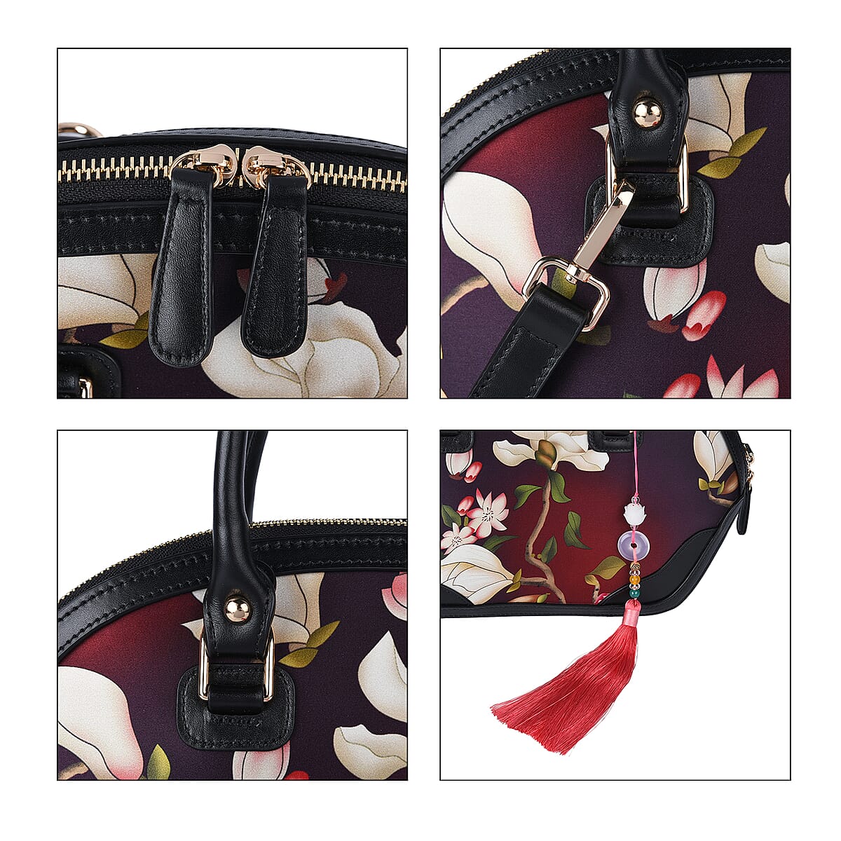 Shanghai Designer Inspired Closeout Dark Purple Flower Pattern Brocade Mulberry Silk Genuine Leather Tote Bag with Shoulder Strap image number 4