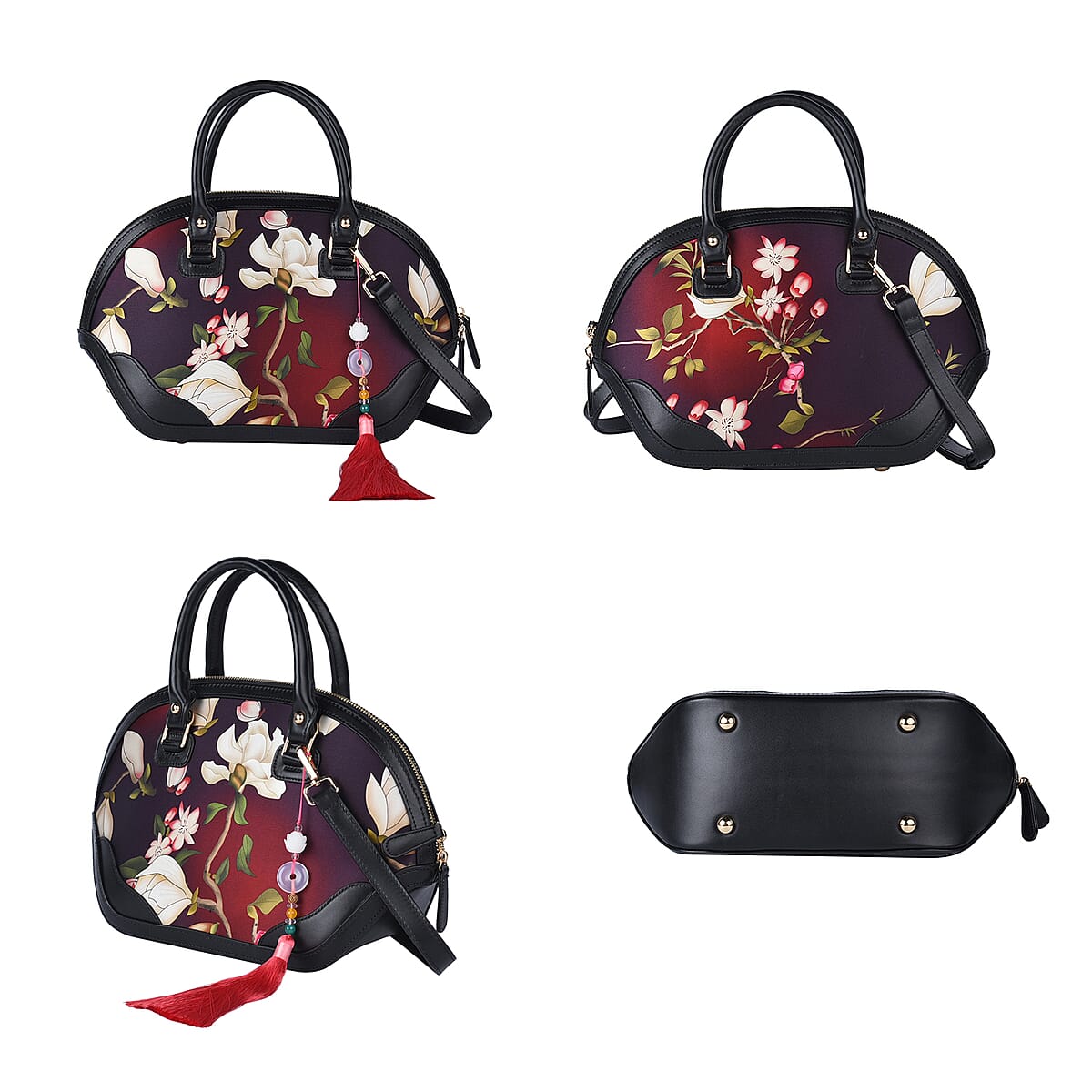 Shanghai Designer Inspired Closeout Dark Purple Flower Pattern Brocade Mulberry Silk Genuine Leather Tote Bag with Shoulder Strap image number 5