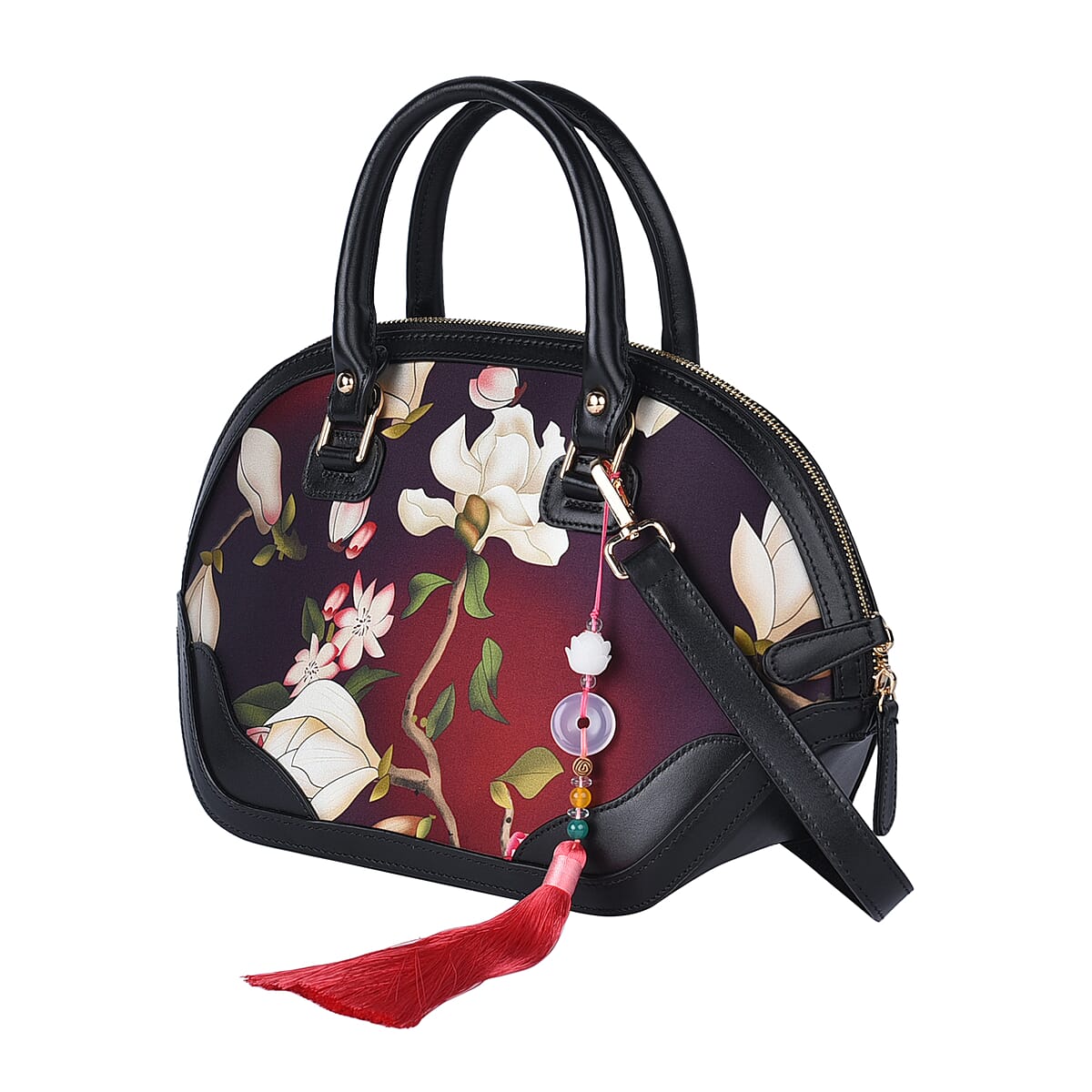 Shanghai Designer Inspired Closeout Dark Purple Flower Pattern Brocade Mulberry Silk Genuine Leather Tote Bag with Shoulder Strap image number 6