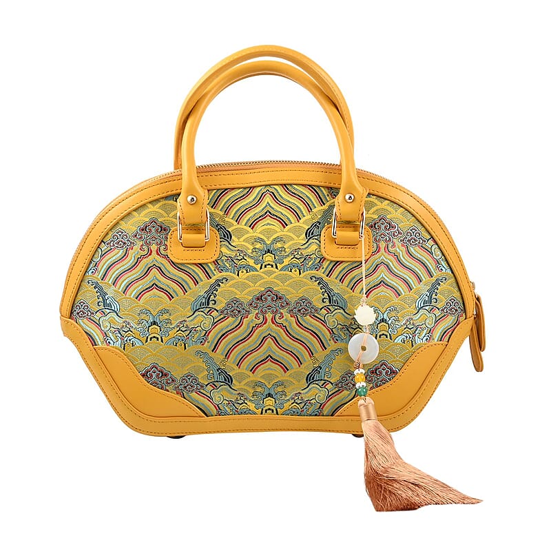 Red River Cliff Seawater Pattern Brocade Mulberry Silk with Genuine Leather Tote Bag with Shoulder Strap