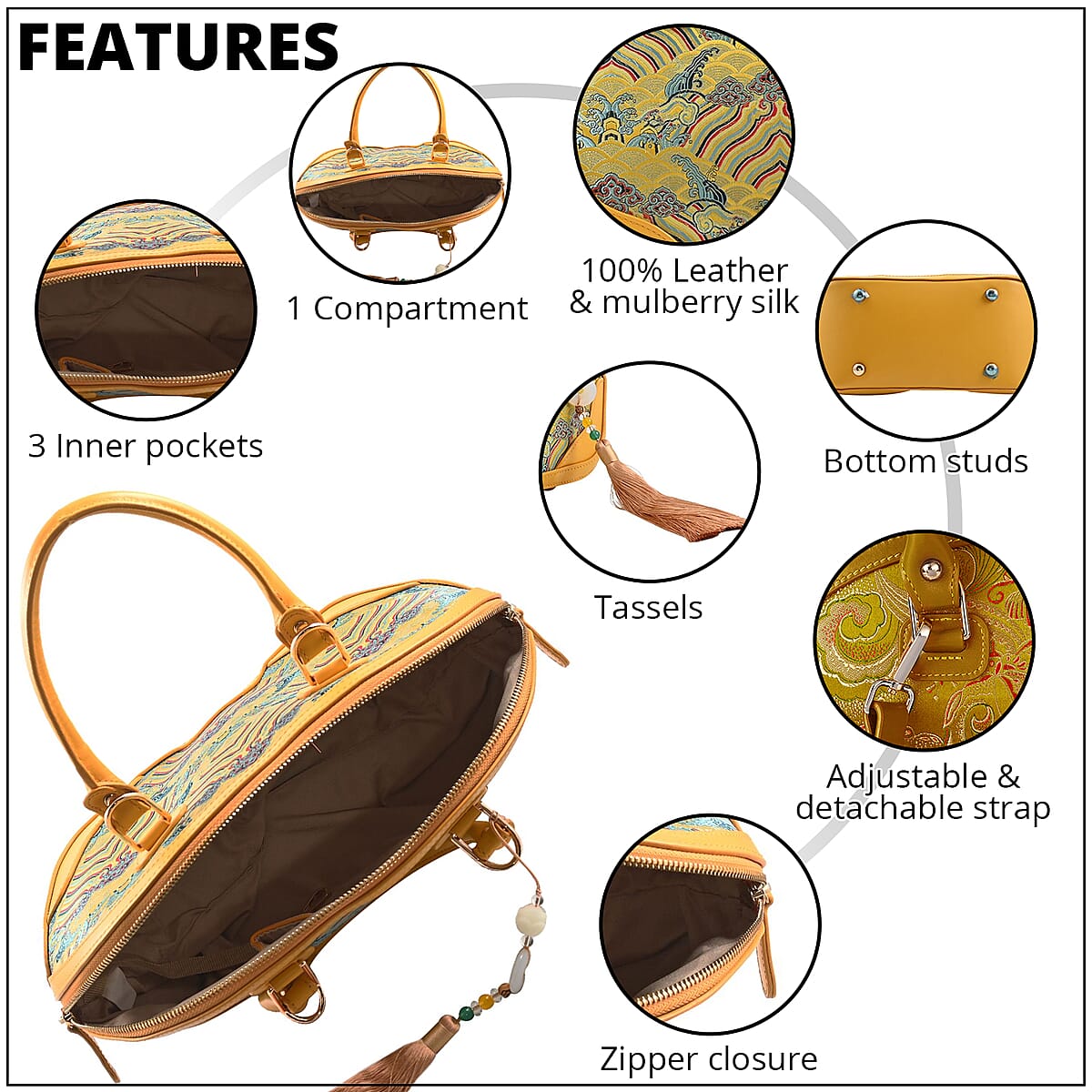 Red River Cliff Seawater Pattern Brocade Mulberry Silk with Genuine Leather Tote Bag with Shoulder Strap image number 1