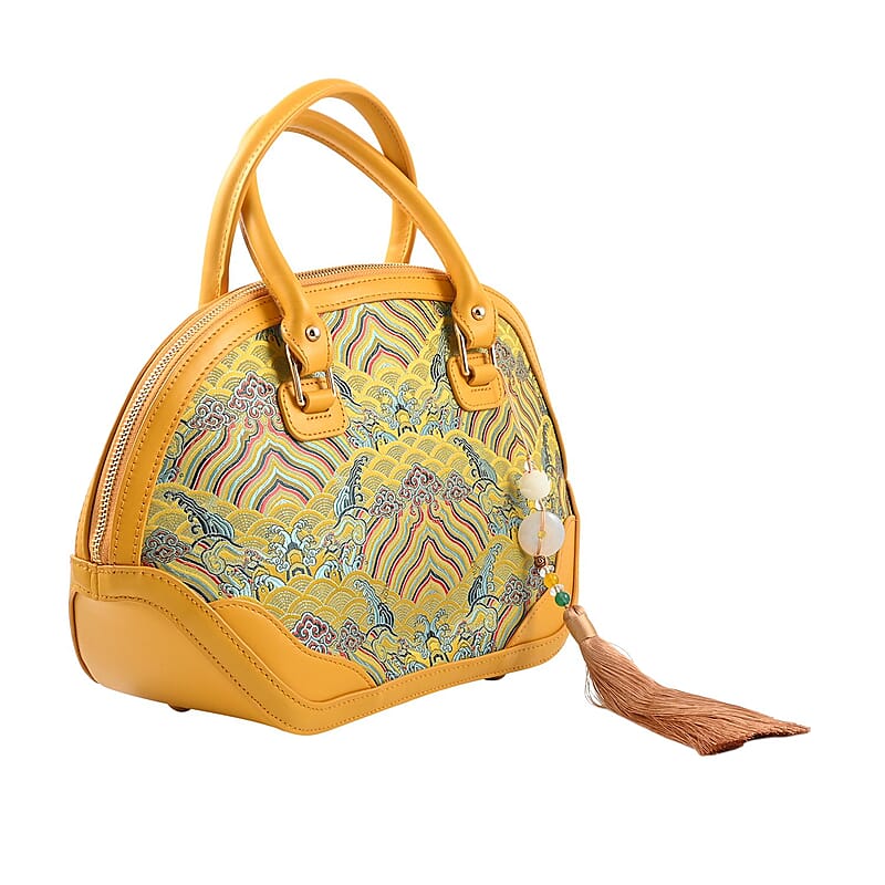 Red River Cliff Seawater Pattern Brocade Mulberry Silk with Genuine Leather Tote Bag with Shoulder Strap