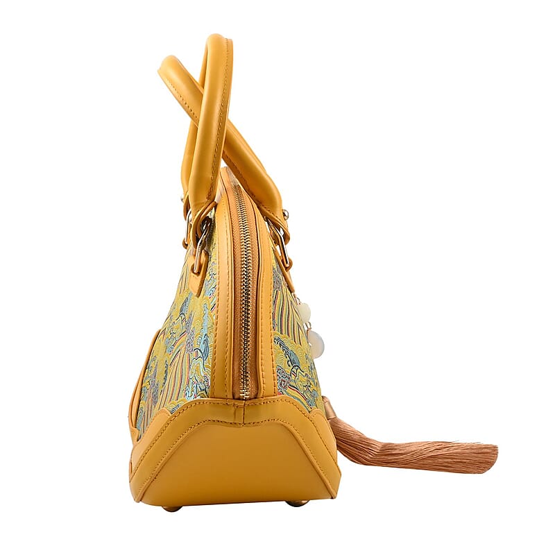 Red River Cliff Seawater Pattern Brocade Mulberry Silk with Genuine Leather Tote Bag with Shoulder Strap