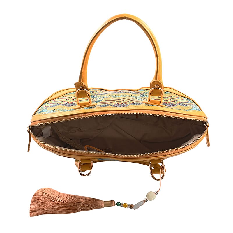 Red River Cliff Seawater Pattern Brocade Mulberry Silk with Genuine Leather Tote Bag with Shoulder Strap