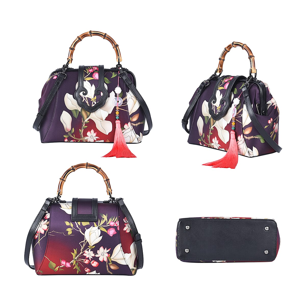 Shanghai Designer Inspired Closeout Dark Purple Floral Pattern Silk and Genuine Leather Tote Bag with Bamboo Handle Drop image number 3