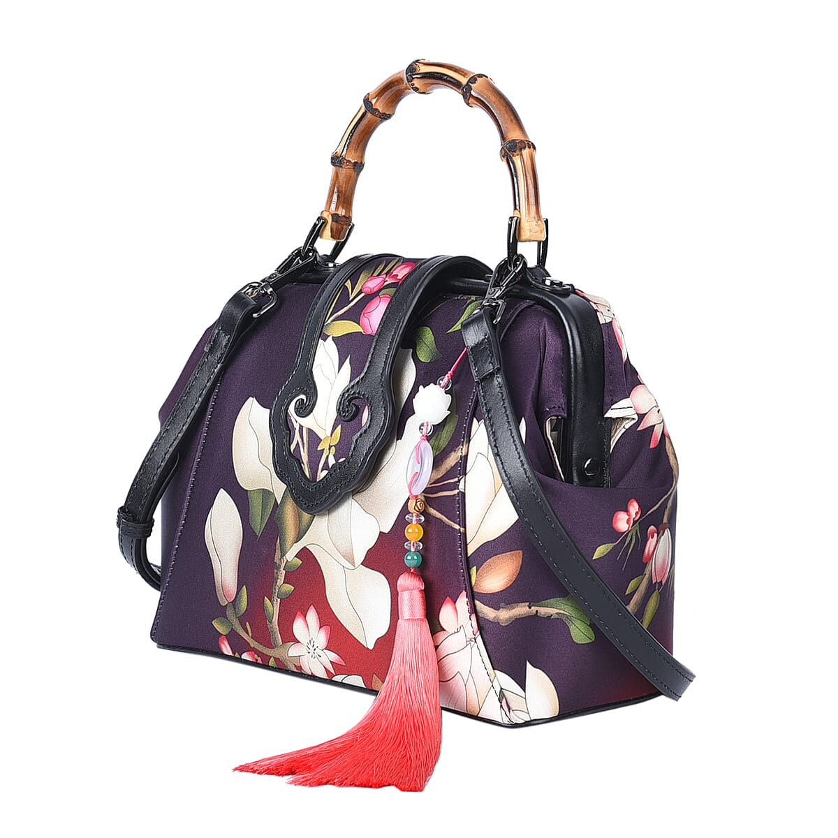 Shanghai Designer Inspired Closeout Dark Purple Floral Pattern Silk and Genuine Leather Tote Bag with Bamboo Handle Drop image number 4