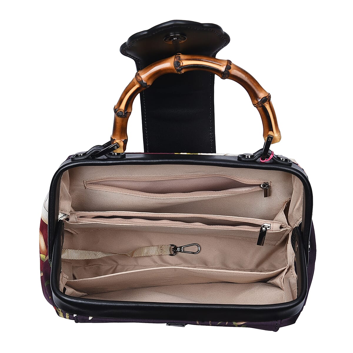 Shanghai Designer Inspired Closeout Dark Purple Floral Pattern Silk and Genuine Leather Tote Bag with Bamboo Handle Drop image number 5