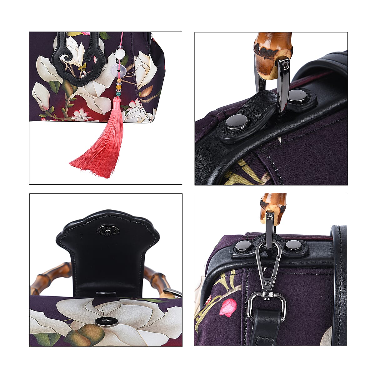 Shanghai Designer Inspired Closeout Dark Purple Floral Pattern Silk and Genuine Leather Tote Bag with Bamboo Handle Drop image number 6