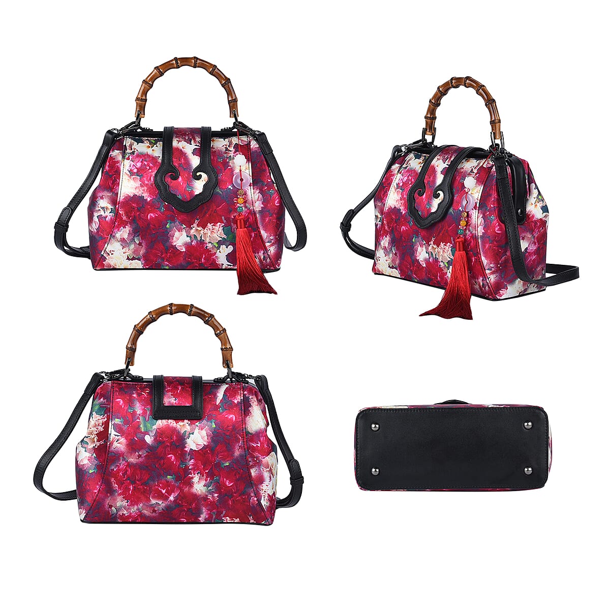 Pink Floral Pattern Silk and Genuine Leather Tote Bag for Women with Bamboo Handle Drop| Satchel Purse| Shoulder Handbag image number 3