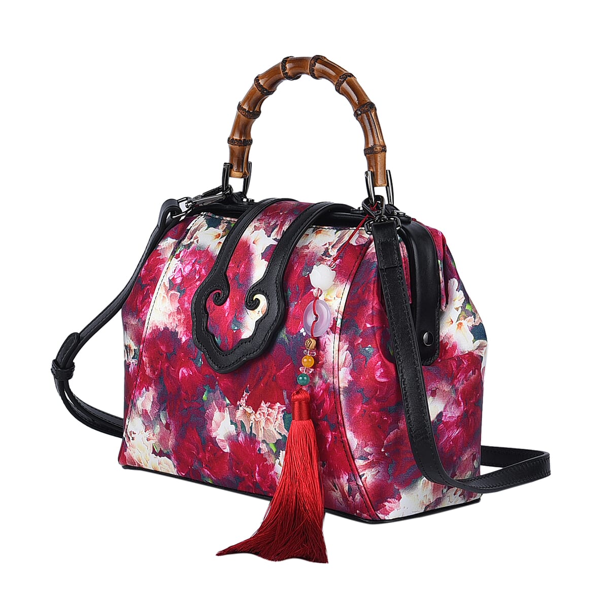 Pink Floral Pattern Silk and Genuine Leather Tote Bag for Women with Bamboo Handle Drop| Satchel Purse| Shoulder Handbag image number 4